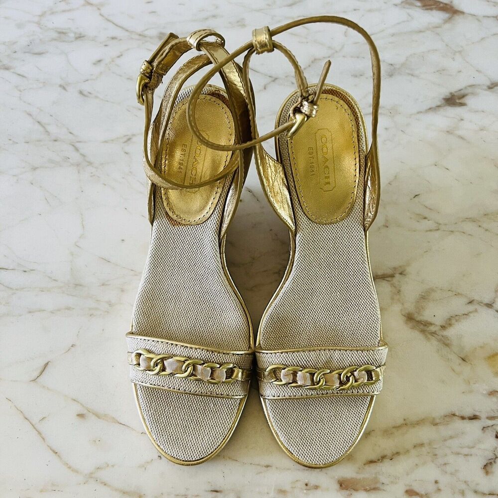 COACH Ellette Gold Beige Cork Wedge Heel Sandals - US 8.5 - Picture 2 of 11